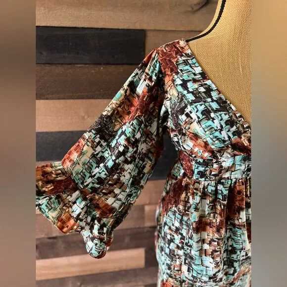 Betsey Johnson Set Shirt & Skirt Medium Brown Green Geometric Bell Sleeve Top - Picture 9 of 13